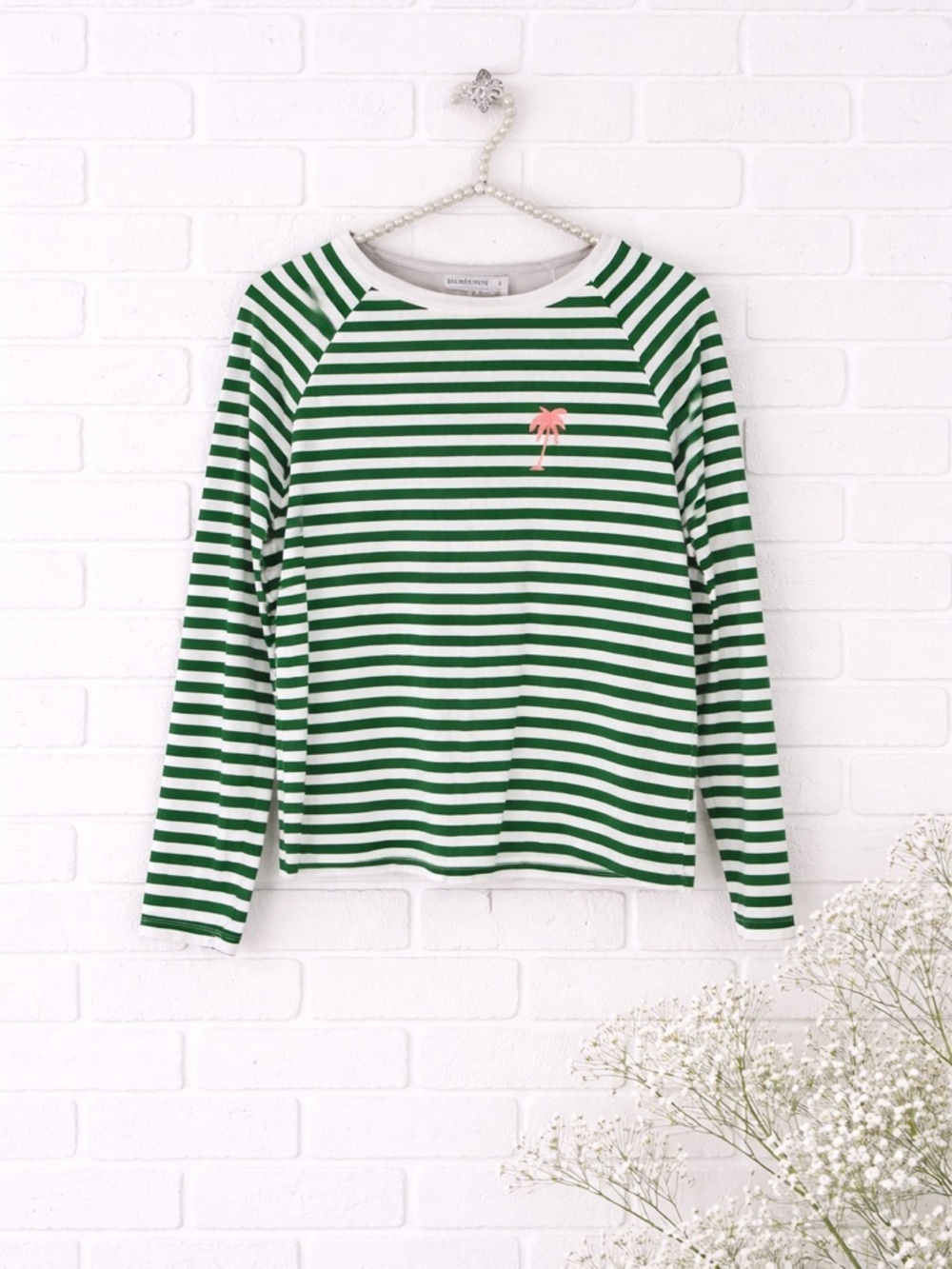 South Parade Lenny Palm Tree Green and White Stripe Long Sleeve Top Size S